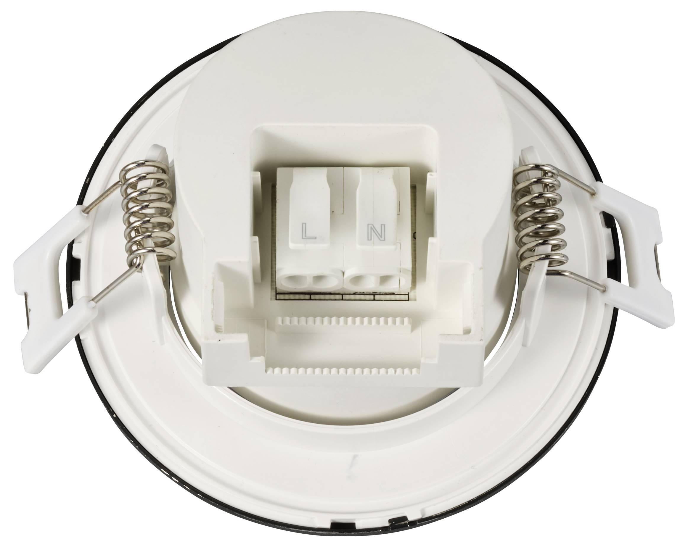 Luminaire encastré en vue arrière avec deux bornes étiquetées 'L' et 'N', et des ressorts sur les côtés pour la fixation.