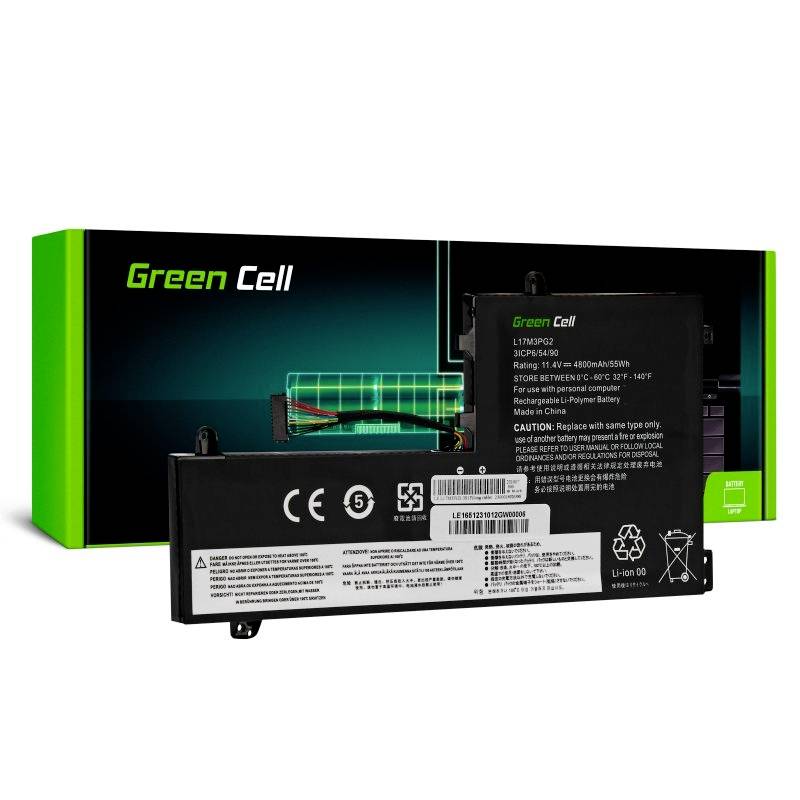 Batterie pour ordinateur portable Green Cell, modèle L17M3P72, 11,1V et 36 Wh, compatible avec certains modèles Lenovo. Emballage en arrière-plan.