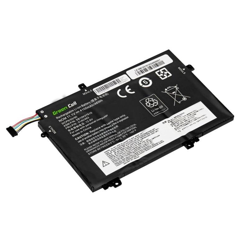 Une batterie de portable rectangulaire noire de Green Cell, avec le numéro de modèle 'HFNCF'. Comprend des consignes de sécurité et des symboles de recyclage.