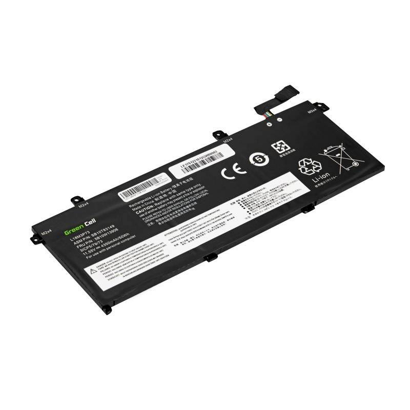 Batterie de portable noire avec des inscriptions telles que le marquage CE, le symbole de recyclage et des informations techniques. Équipée d'un connecteur de câble.
