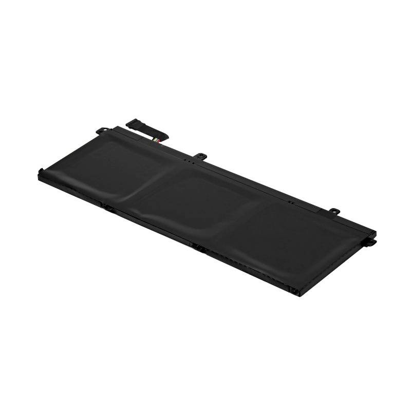 Un batterie d'ordinateur portable noire est posée horizontalement et montre trois cellules distinctes. Une languette est présente dans le coin supérieur gauche.