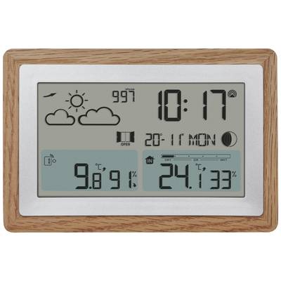 Station météorologique à affichage numérique indique : 9,8°C, 91% d'humidité à l'extérieur ; 24,1°C, 33% d'humidité à l'intérieur ; Heure 10h17 lundi.
