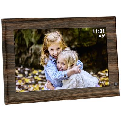 Deux enfants riant s'enlacent à l'automne. Un cadre photo numérique en haut à droite affiche l'heure 11:01 et 9 degrés Celsius.