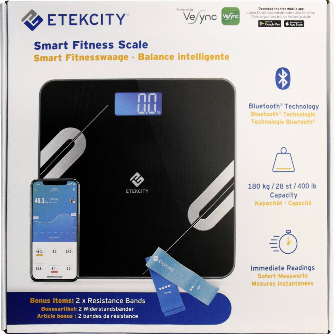 Balance connectée ETEKCITY Smart, affiche le poids et les données corporelles sur l'application, compatible Bluetooth, capacité : 180 kg, incluant des bandes de résistance.