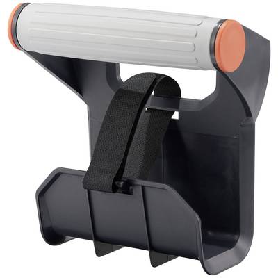 Support gris avec poignée ergonomique et sangle noire pour fixation, adapté aux besoins de transport domestique.