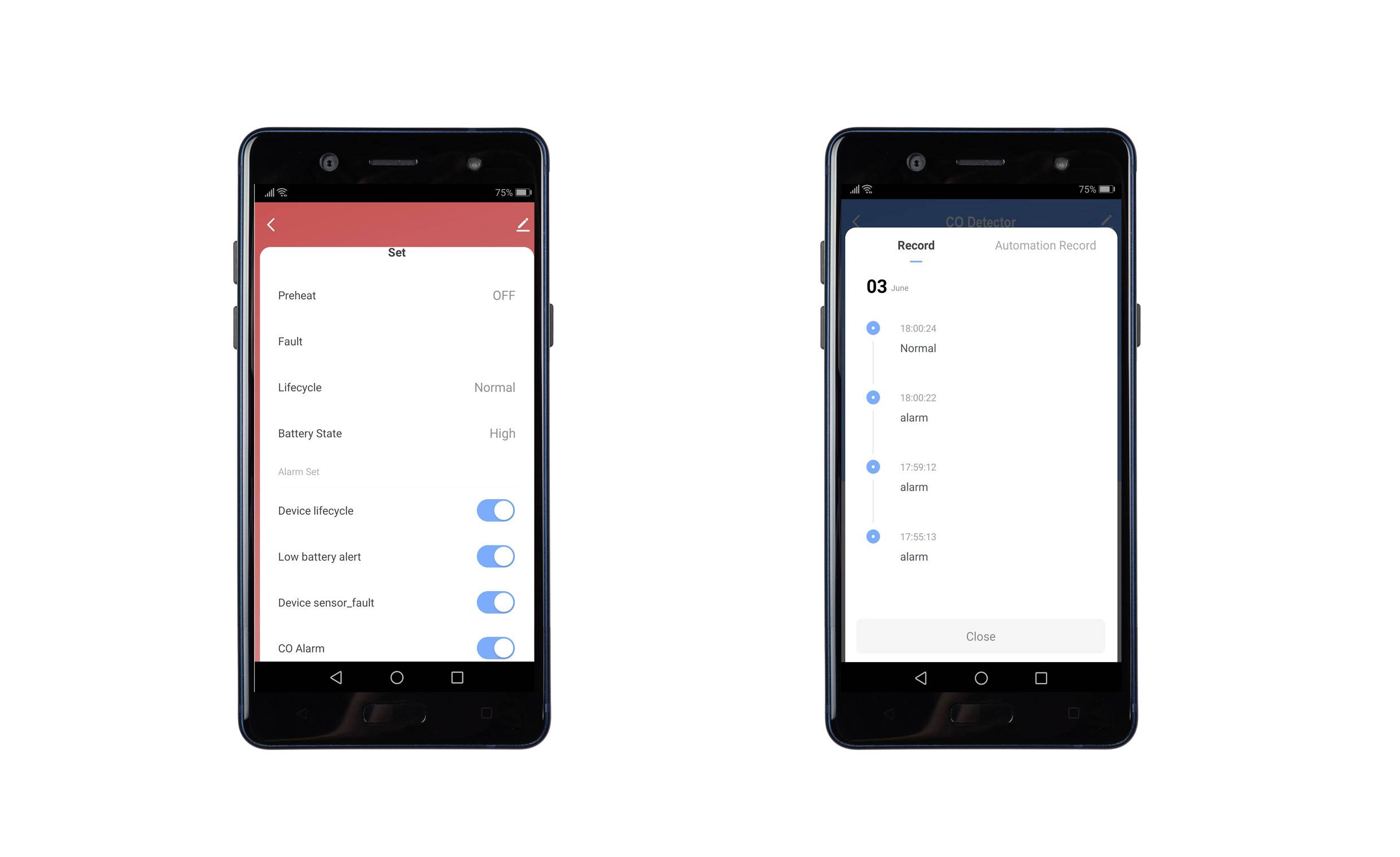 Deux écrans de smartphone affichent un menu de paramètres de l'appareil et un écran de journal d'événements avec des détails d'heure et d'alarme.