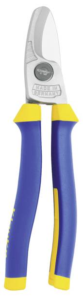 Une pince coupante manuelle bleu et jaune, avec des lames en acier tranchantes, adaptée pour couper des câbles électriques.