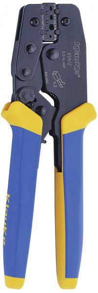 Pince à sertir avec poignées bleu et jaune pour le traitement des câbles. Adaptée aux embouts de câble.