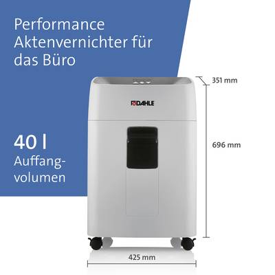 Un destructeur de documents pour le bureau avec un volume de collecte de 40 litres. Dimensions : 696 mm de hauteur, 425 mm de largeur, 351 mm de profondeur.