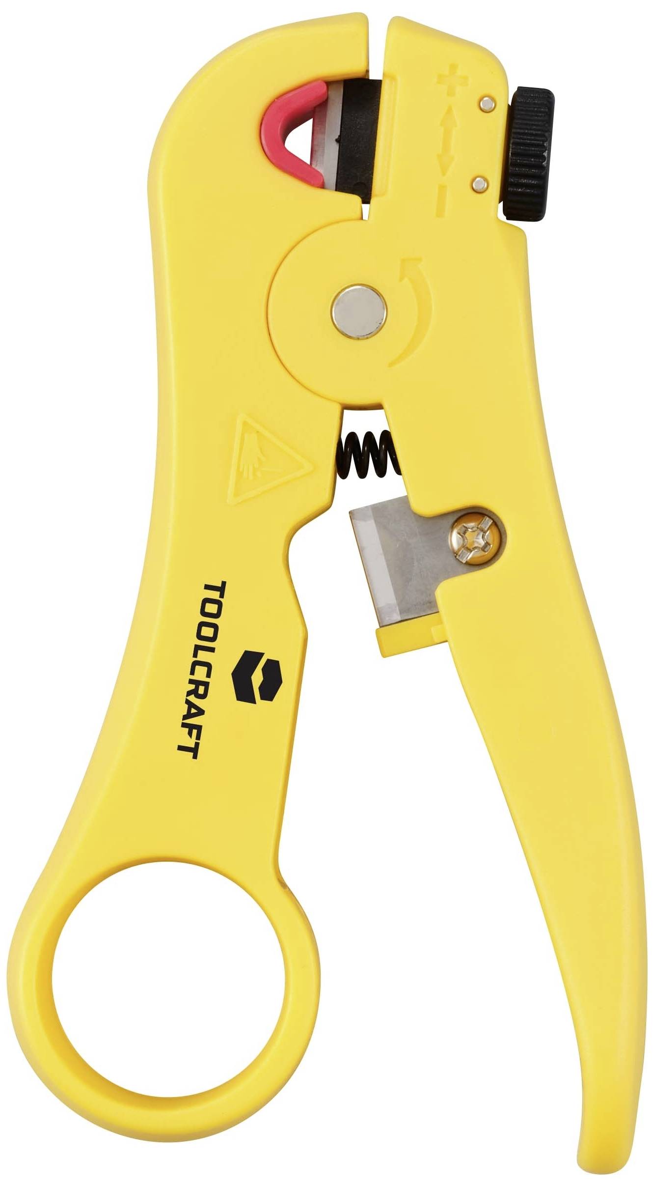 Outil de dénudage de câbles jaune avec poignée ergonomique et lames, adapté au dénudage précis des câbles.