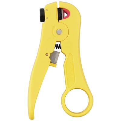Un outil de dénudage de câbles jaune avec poignée et lame de coupe.