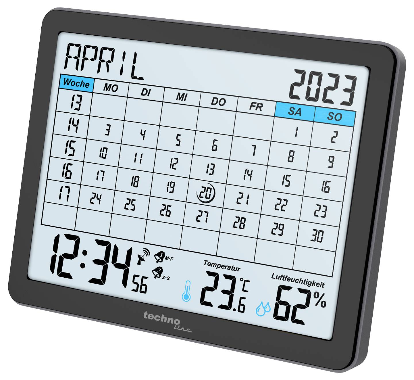 Calendrier et horloge sur un écran pour avril 2023, affichant les jours de la semaine, la date, l'heure 12:34, la température 23,6°C, l'humidité 62%.