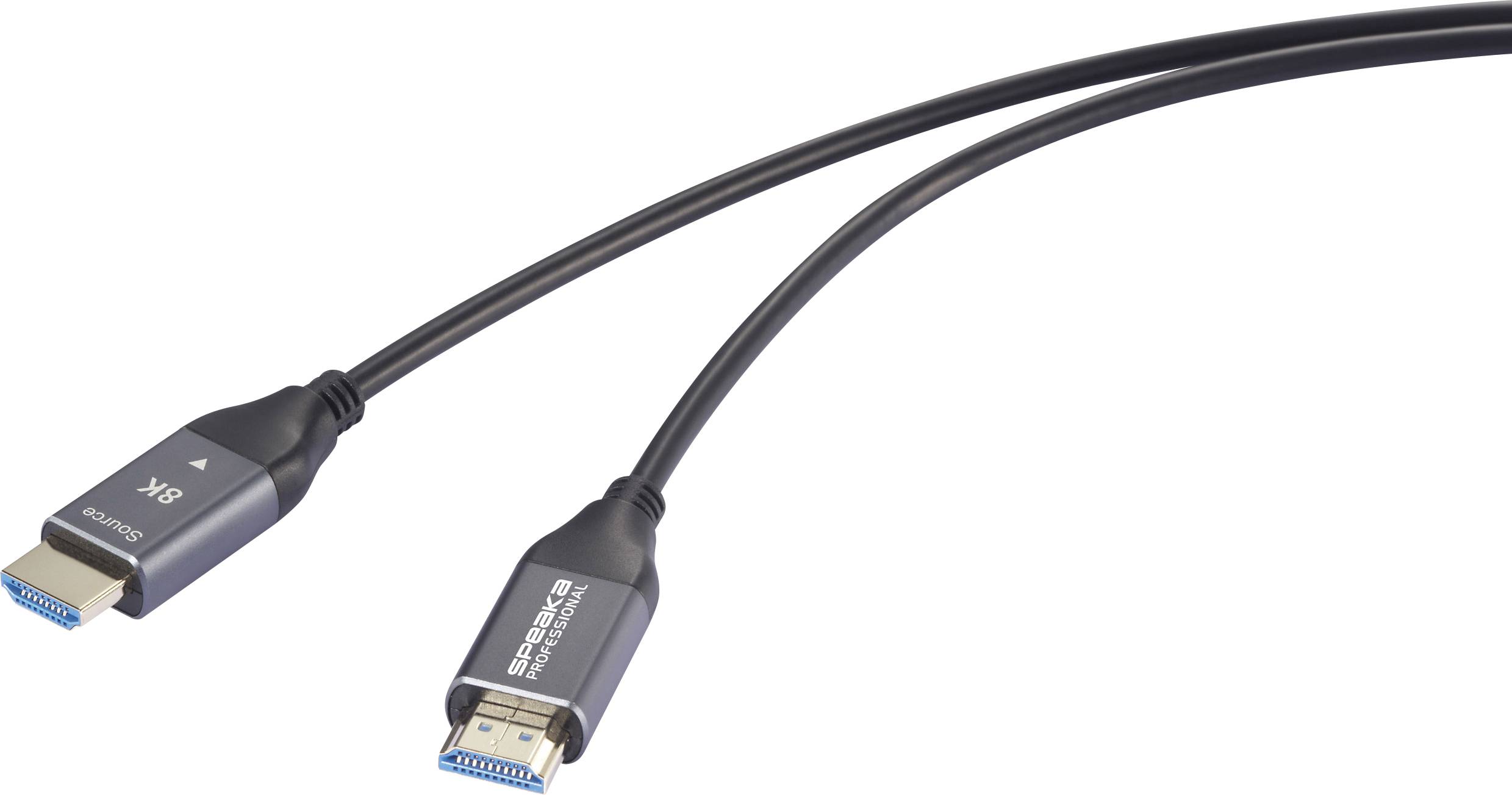 Un câble HDMI noir avec deux connecteurs, une fiche mâle HDMI et un connecteur femelle. Adapté pour la transmission vidéo.