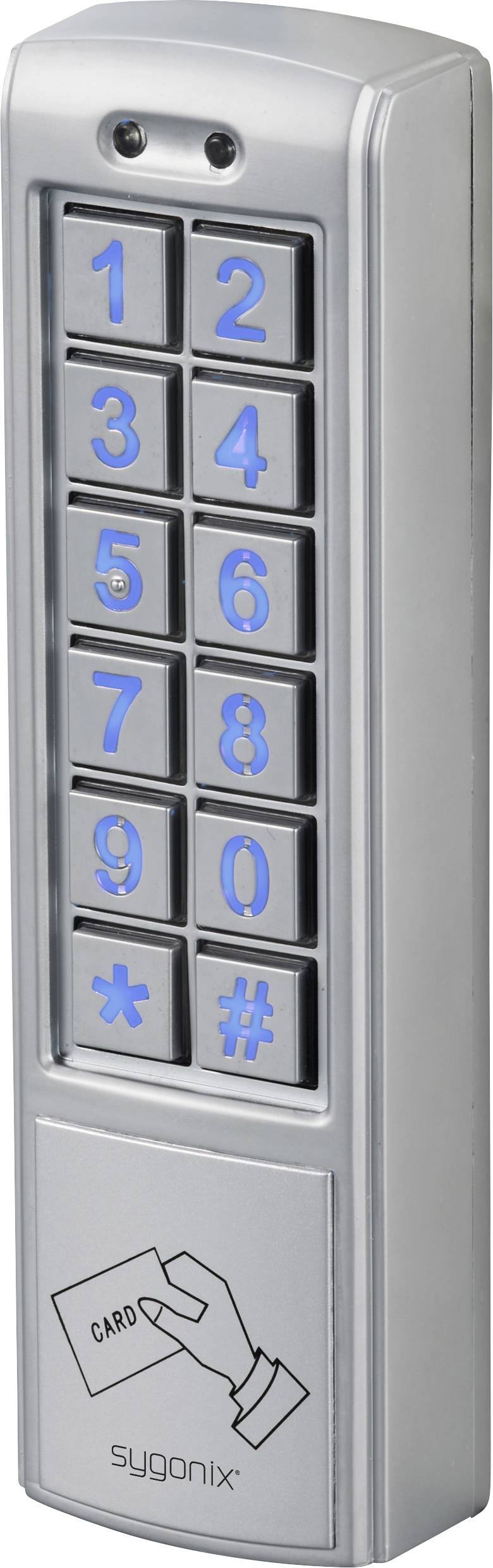 Dispositif électronique de contrôle d'accès avec clavier numérique rétroéclairé (0-9, *, #) et lecteur de carte. Marque 'Sygonix'.