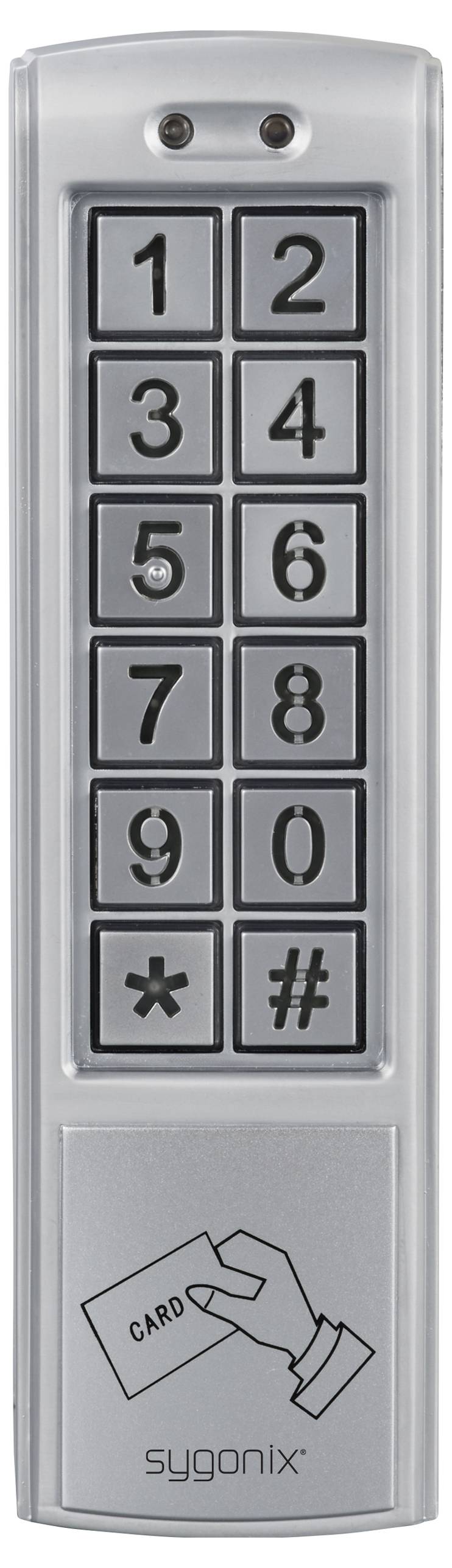 Un cadenas numérique argenté avec des touches de 0 à 9, étoile, dièse et un symbole de lecteur de carte en bas. En dessous est inscrit 'sygonix'.