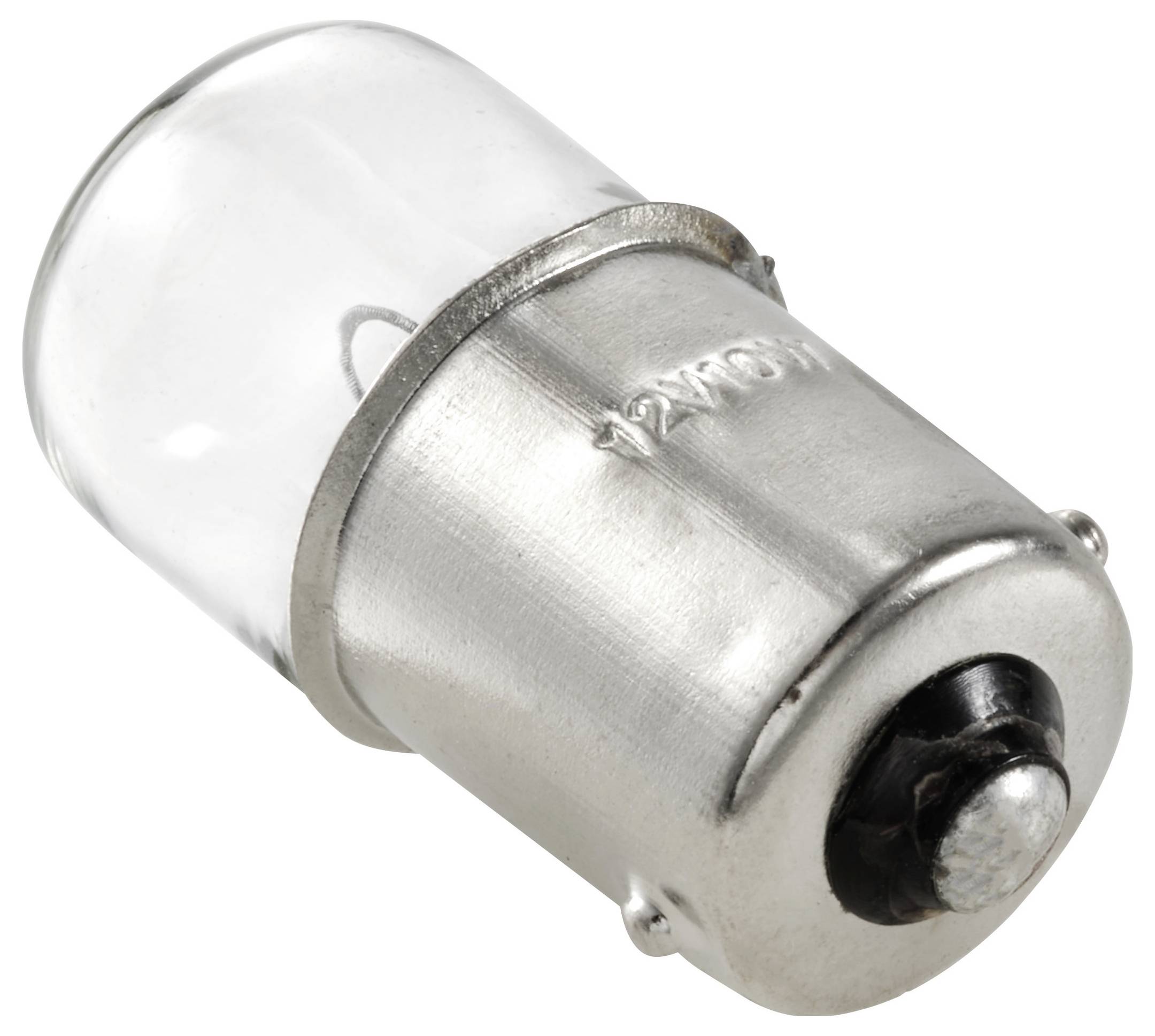 Ampoule avec douille métallique et dôme en verre transparent, adaptée pour une tension de fonctionnement de 12 volts.
