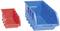 Deux contenants en plastique ouvert de couleur rouge et bleue, empilables, pouvant être utilisés pour le rangement de petits objets.