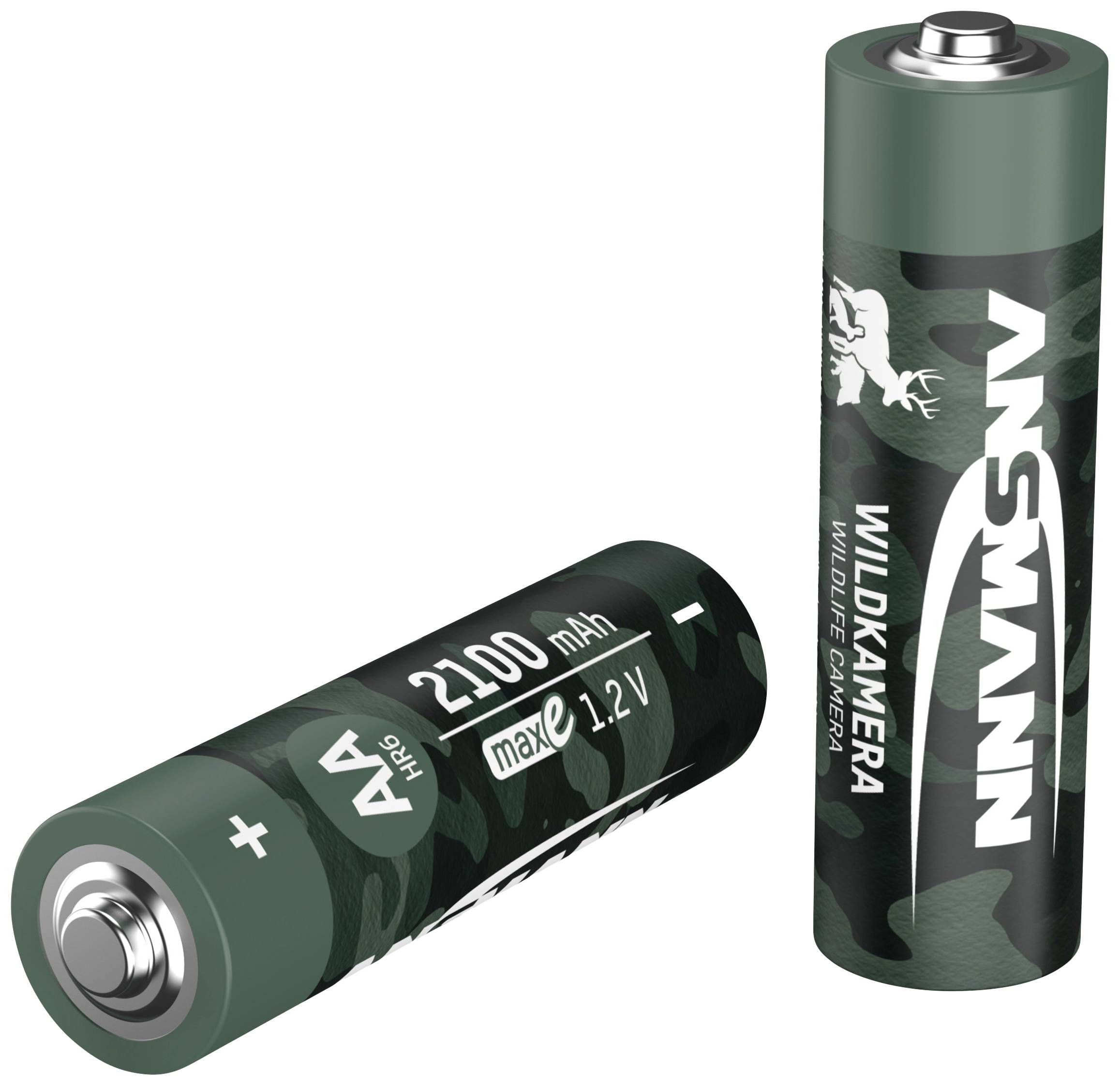 Deux piles AA d'Ansmann, avec graphique de camouflage vert, conçues pour les caméras de chasse. Une est debout, une autre est couchée, les données techniques visibles.