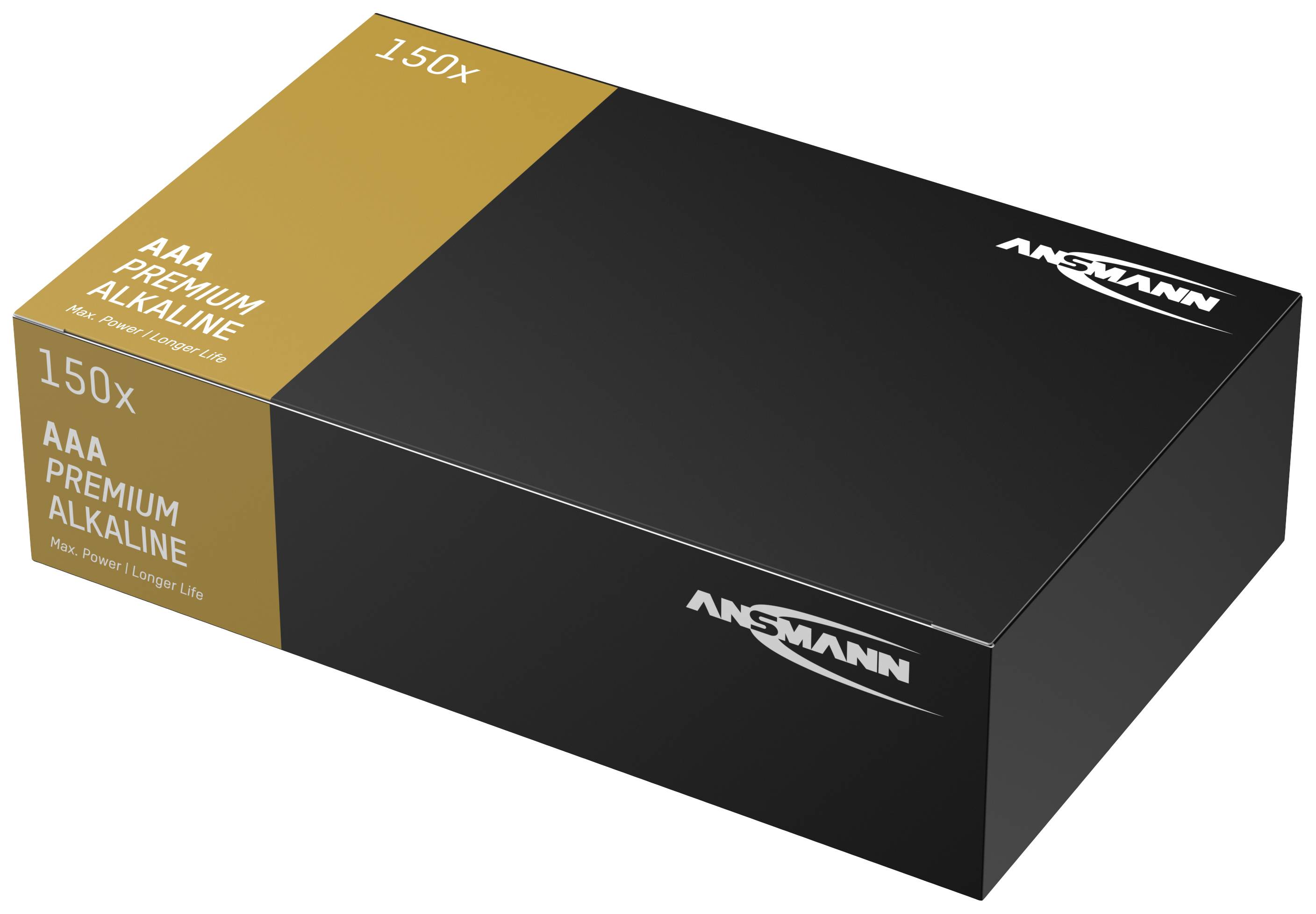 'Grand emballage noir et doré portant l'inscription AAA Premium Alkaline, 150x. Marque Ansmann.'