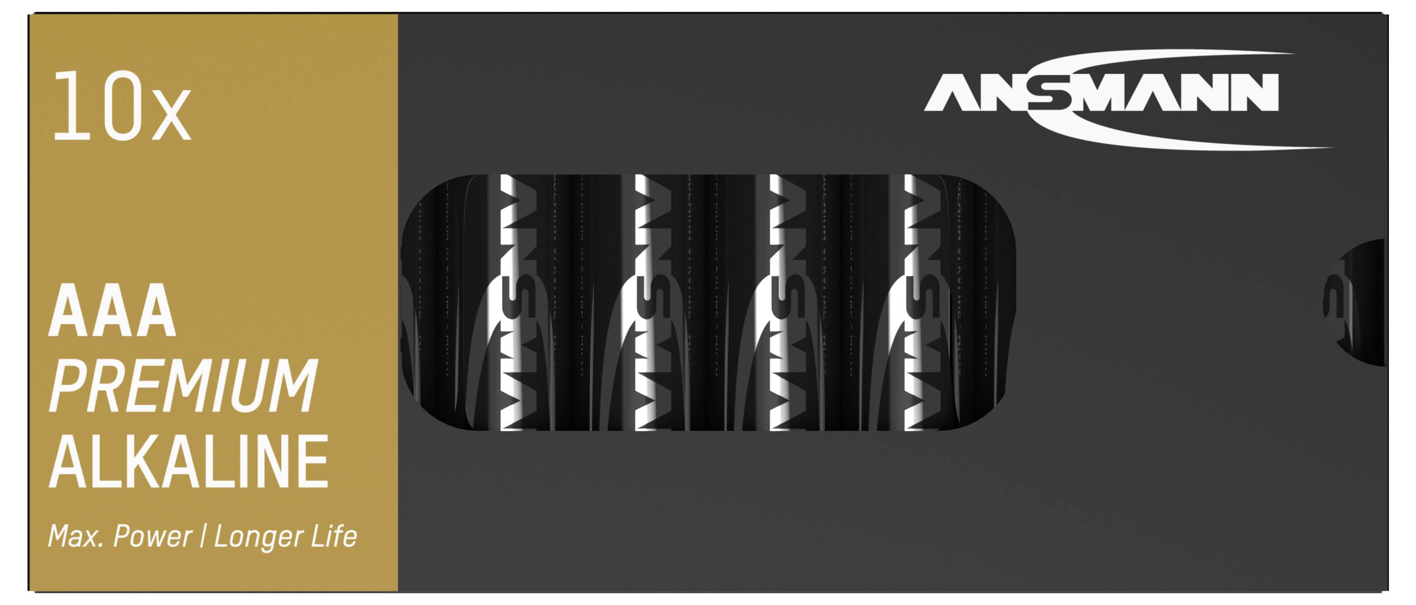 'Pack of 10 AAA Premium Alkaline Batteries, Ansmann brand, marketed with Max. Power and longer battery life.'