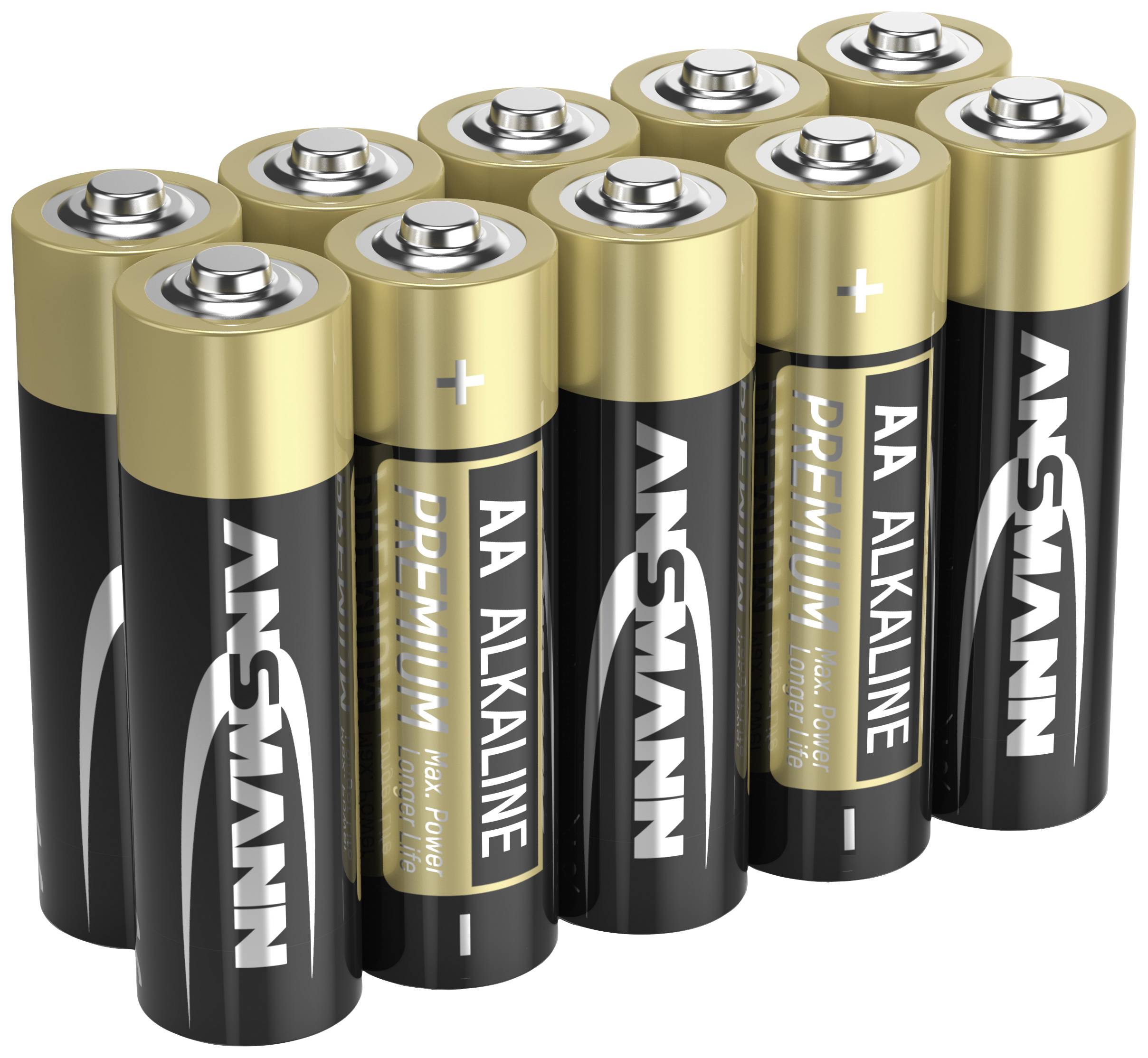 Dix piles alcalines AA empilées avec des boîtiers dorés et noirs, la marque étant clairement visible.