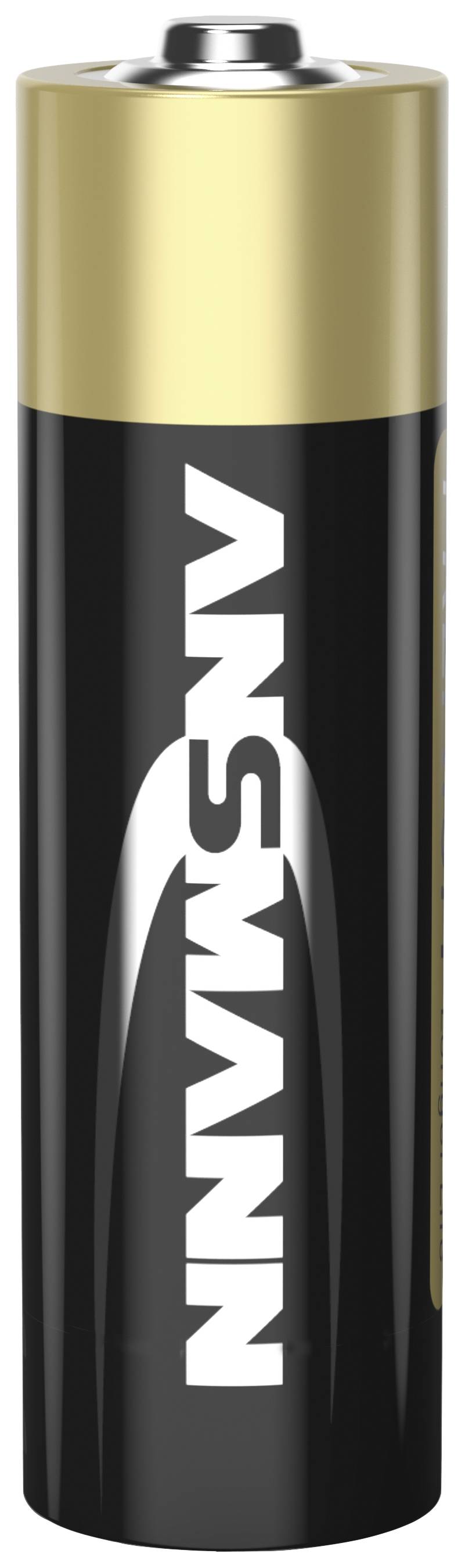 Batterie noir et or, debout, avec le logo de marque blanc sur l'avant. Le pôle positif est visible en haut.