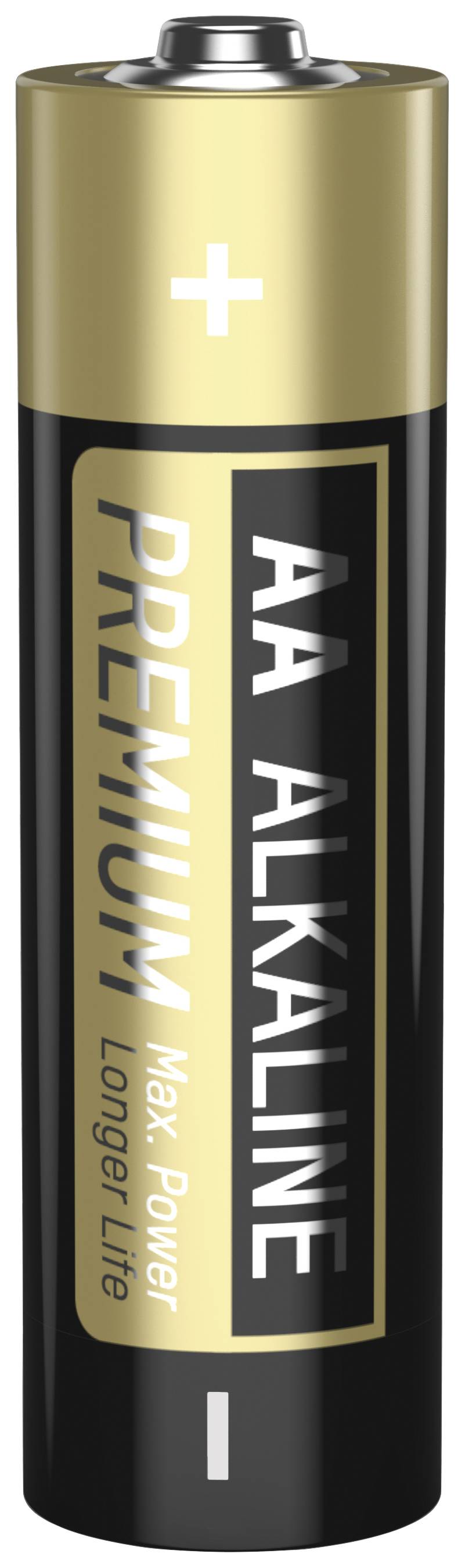 Pile AA alcaline avec l'inscription 'PREMIUM Max Power Longer Life' sur le côté, boîtier noir avec partie supérieure dorée.