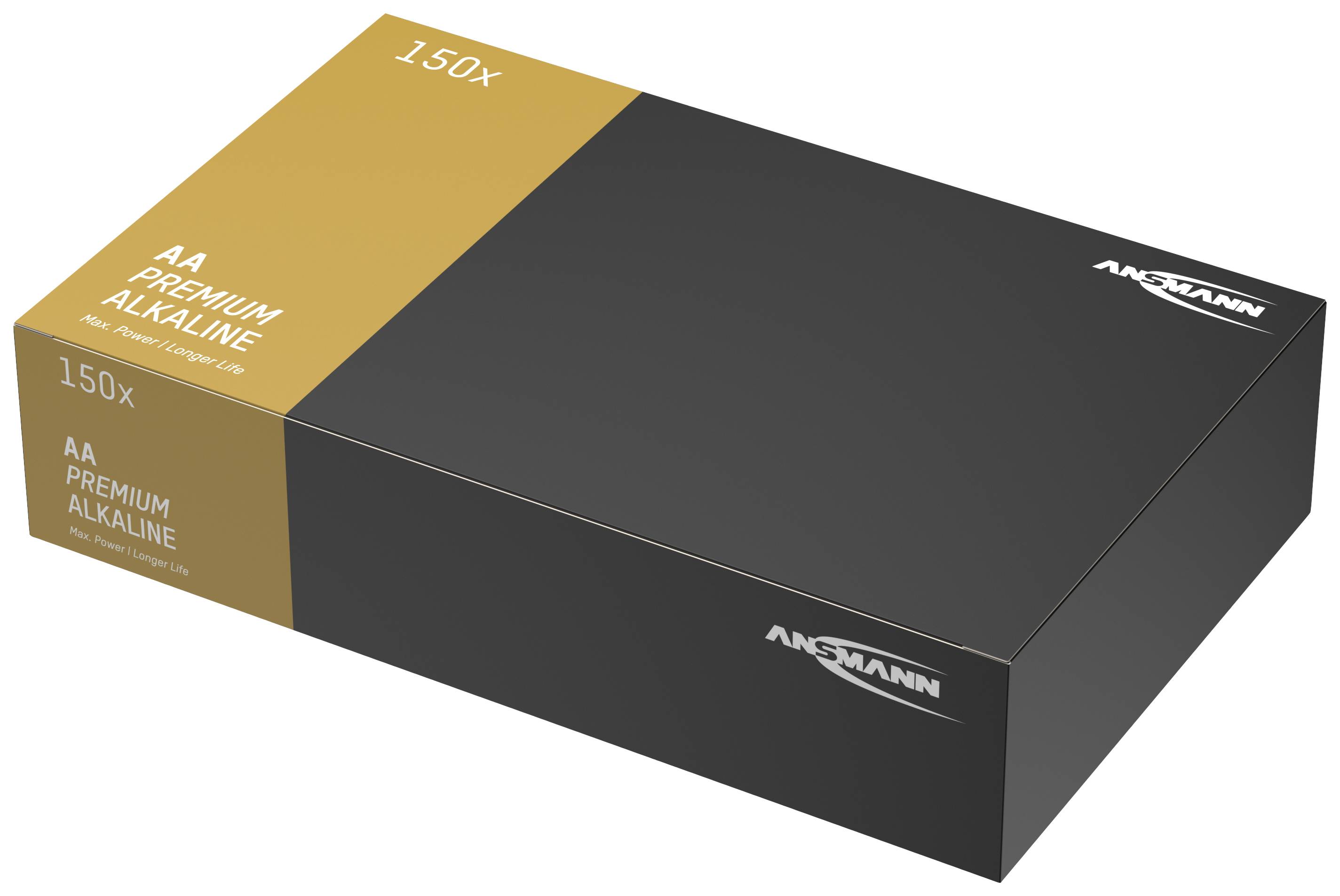 Emballage noir contenant des piles alcalines 'AA Premium' par lot de 150 pièces. Nom de marque 'Ansmann' en haut à droite et sur le côté.