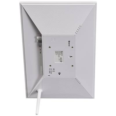 Vue arrière d'un cadre photo numérique avec antenne visible et ports de connexion. Étiquette de modèle et d'informations sur le produit au centre.