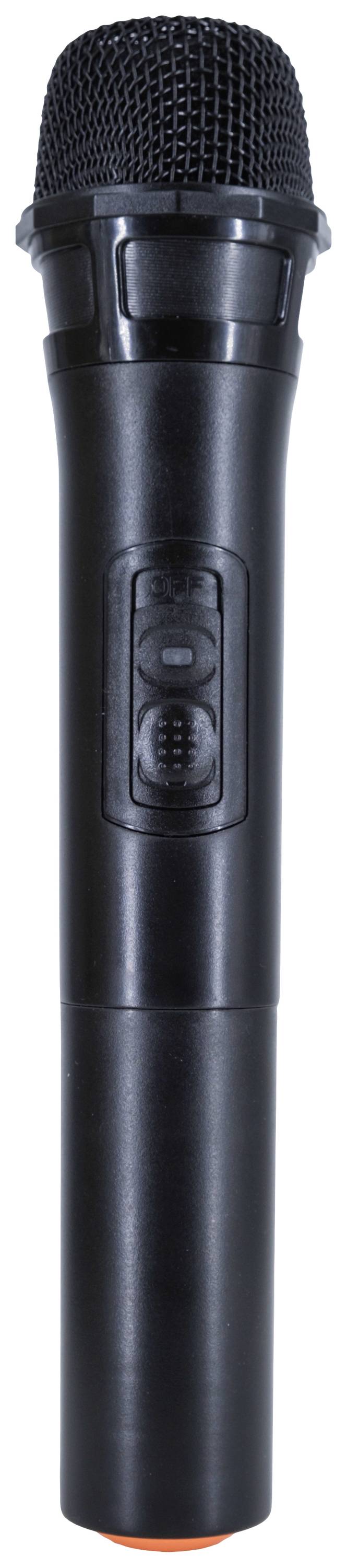 Microphone noir à main devant un fond blanc.