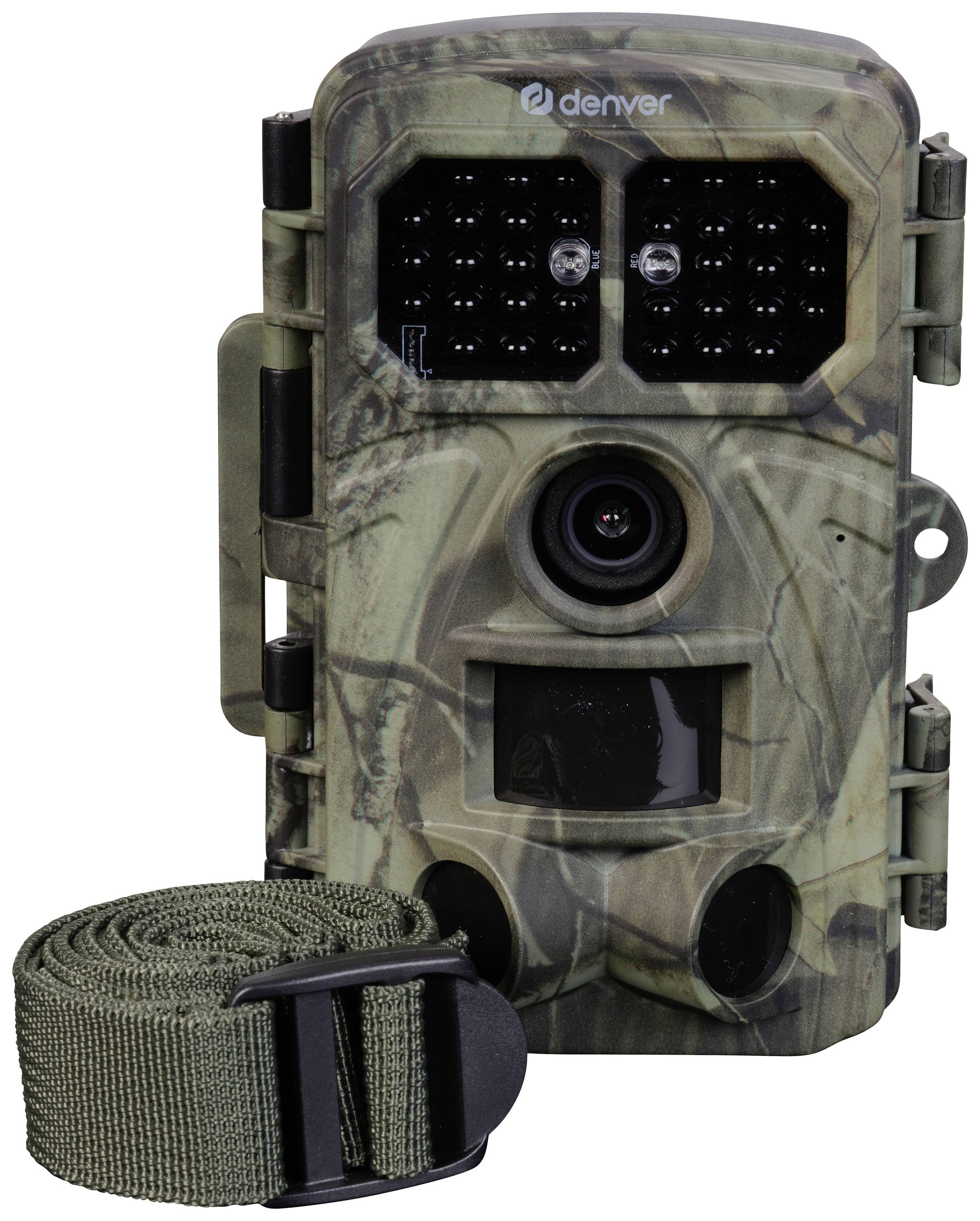 Caméra de surveillance extérieure en couleur camouflage avec objectif grand angle et capteurs infrarouges, incluant une sangle de fixation. Idéale pour l'observation des animaux.