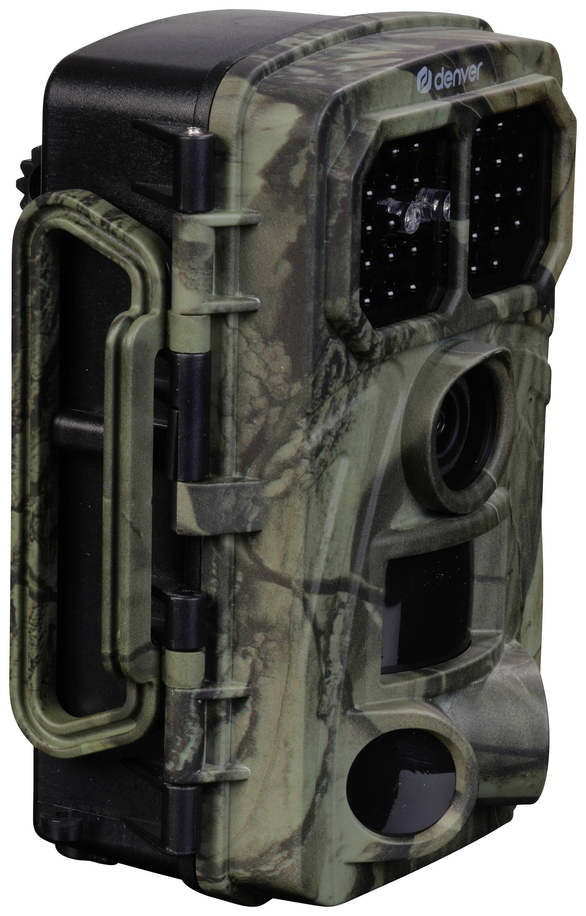 Une caméra de chasse camouflée avec des capteurs infrarouges et un objectif, vue de côté. Le nom de la marque est visible en haut.