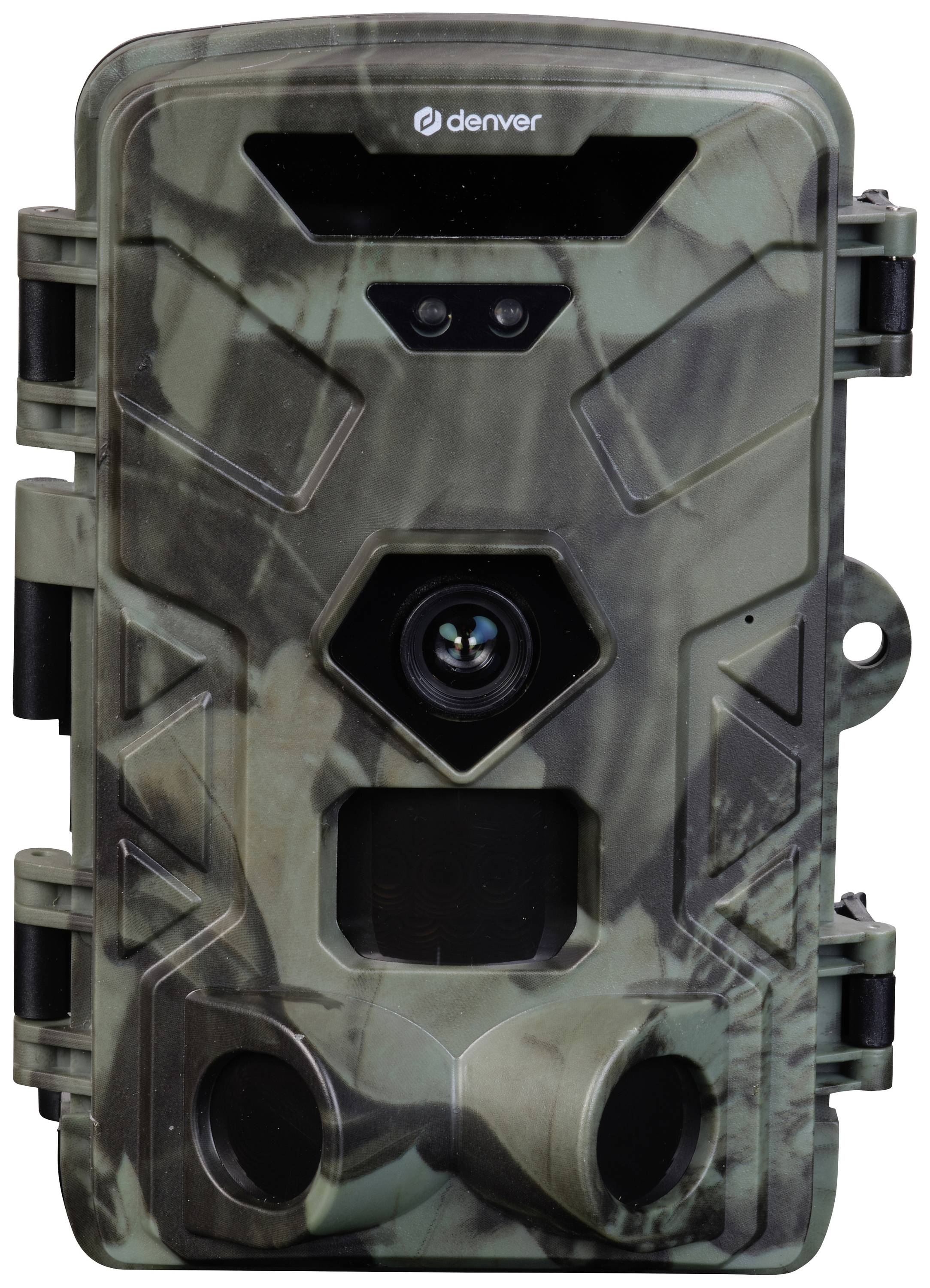 Caméra de surveillance avec motif de camouflage, boîtier rectangulaire et robuste. Objectif principal et capteurs visibles. Boucles de fixation sur les côtés.