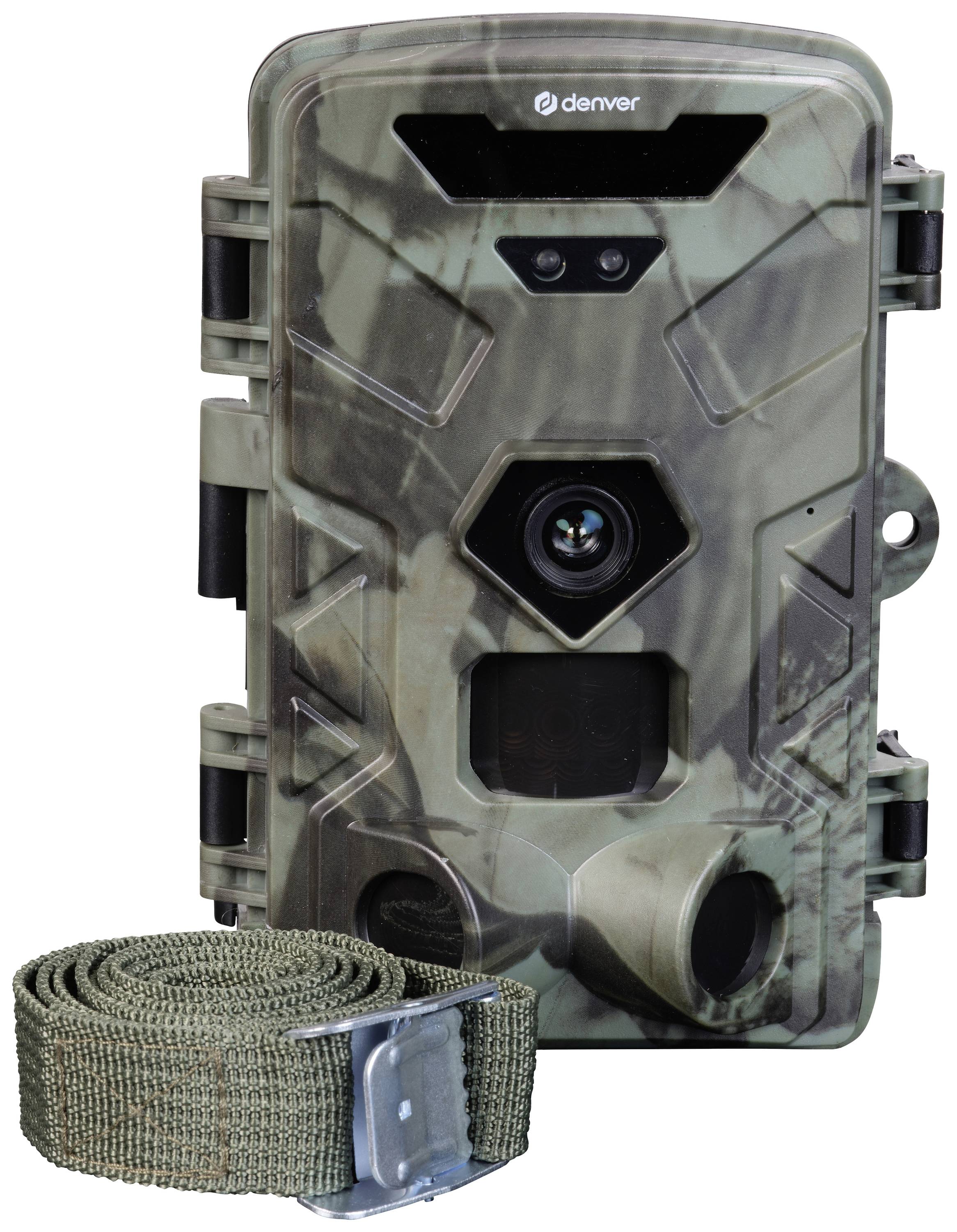Caméra de surveillance camouflage avec sangle, adaptée à l'observation des animaux ou à la sécurité.