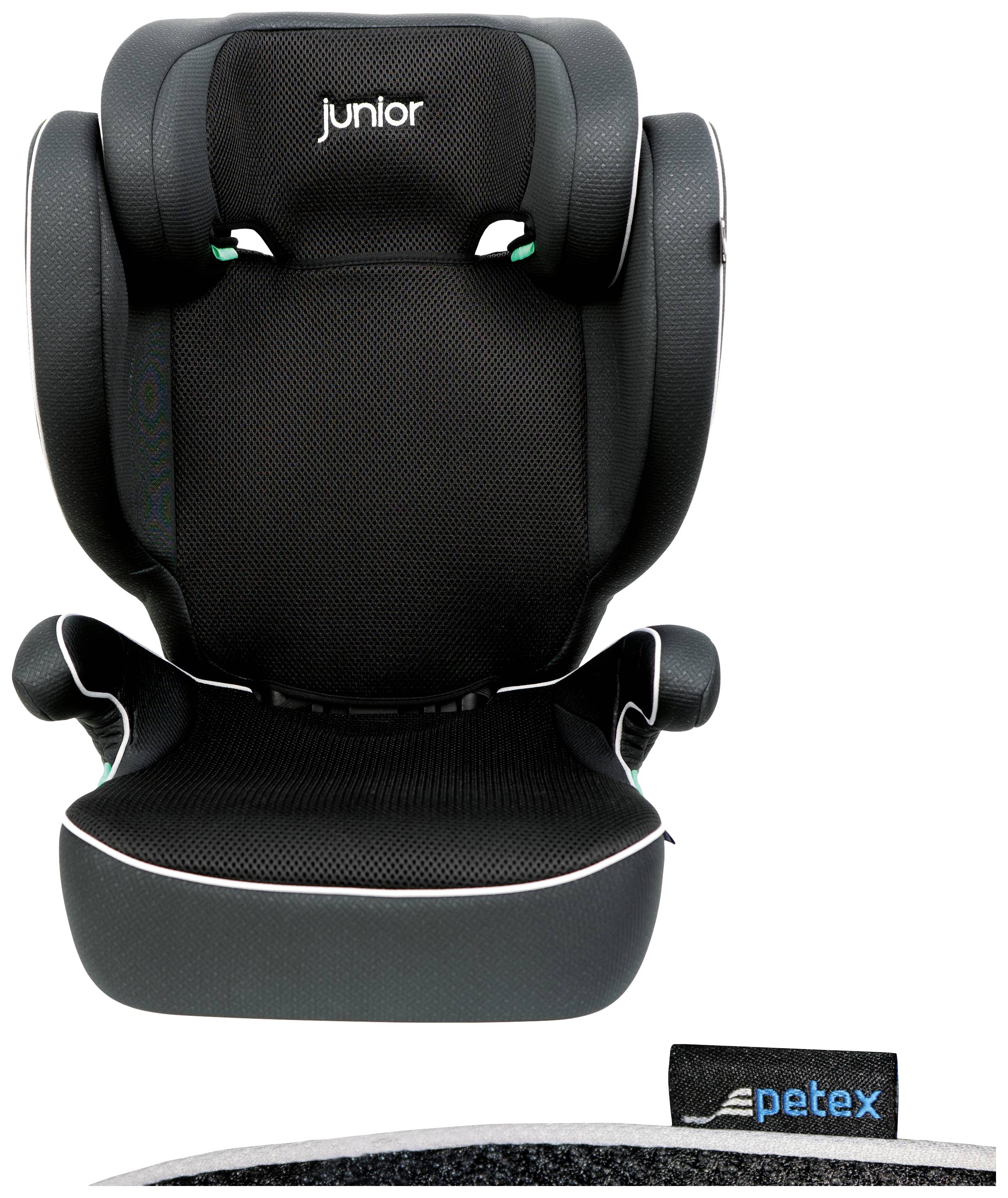 Un siège auto noir portant l'inscription 'junior', fabriqué par Petex. Le siège dispose d'accoudoirs rembourrés et d'appuie-têtes.