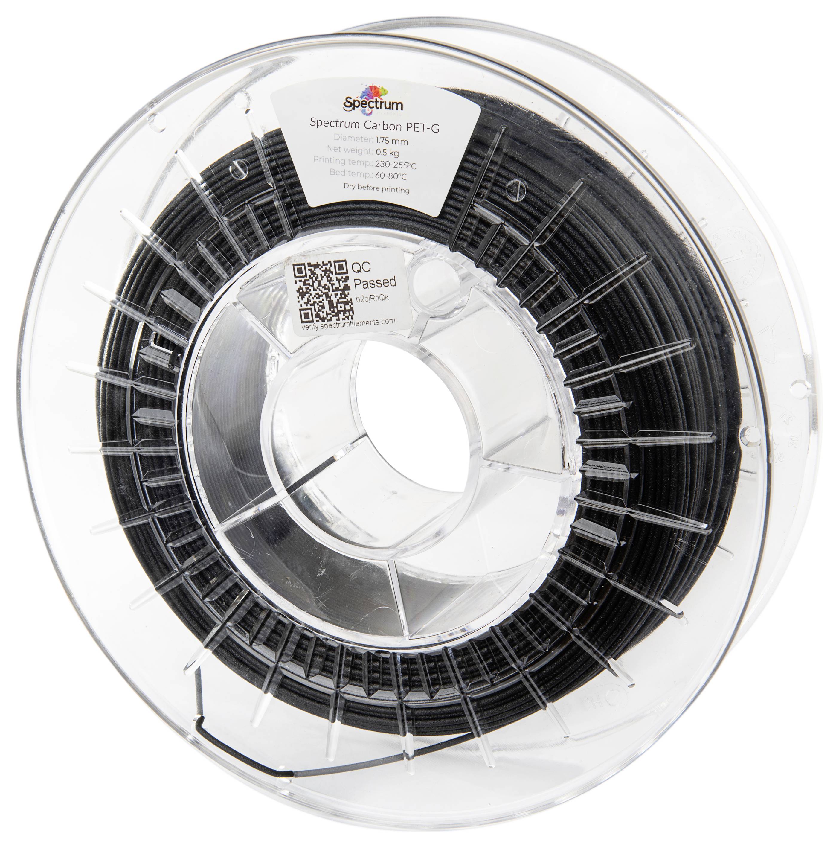 Bobine de filament pour imprimante 3D en PET-G renforcé au carbone, épaisseur de 1,75 mm, sur support transparent. Idéal pour des impressions robustes.