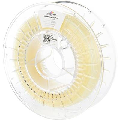 Bobine transparente avec du matériau d'impression 3D jaune, étiquette portant le logo 'Spectrum', le nom du produit 'Spectrum Aquaprint' et des détails techniques.