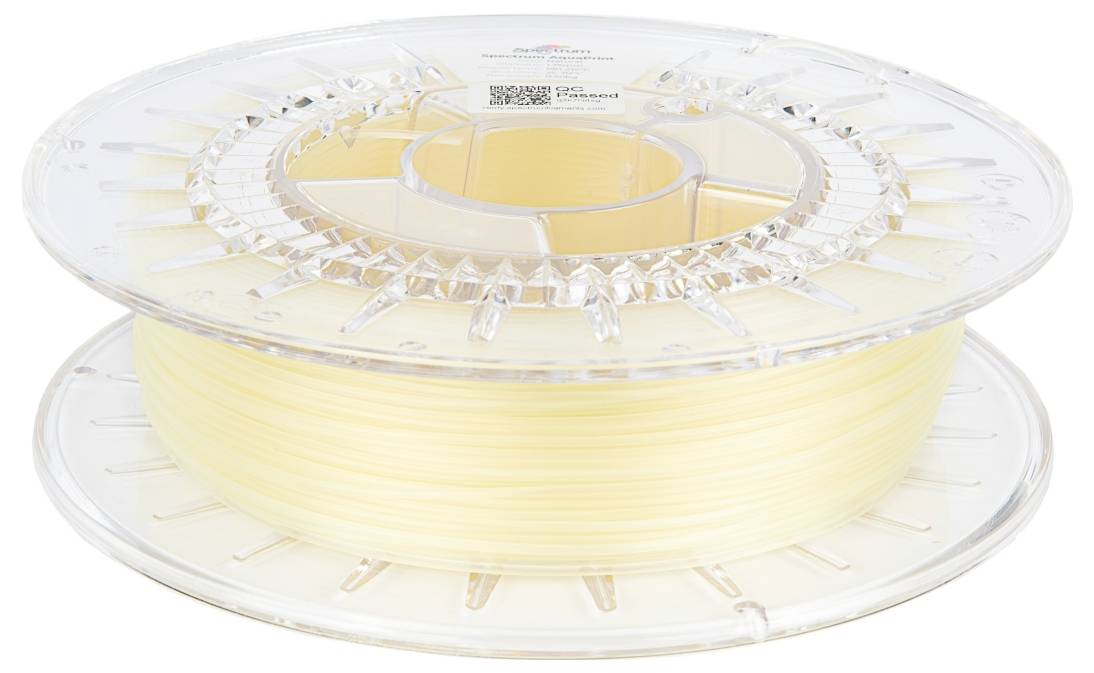 Bobine transparente avec du filament d'impression 3D jaune clair, vue de côté.