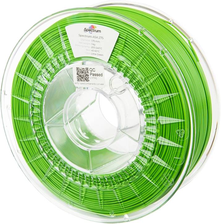 Bobine de filament vert, marquée 'Spectrum ASA 275', 1,75 mm, 250 g, pour imprimante 3D, boîtier transparent.