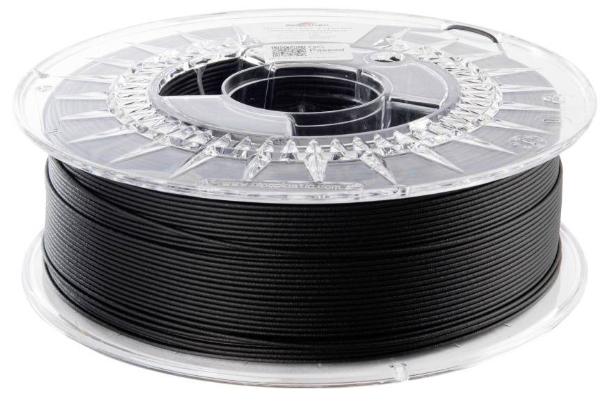Une bobine de filament noir pour imprimante 3D, visible sur un support en plastique transparent.