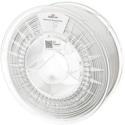 Une bobine de plastique avec du filament gris pour imprimante 3D. L'étiquette indique les spécifications : « Spectrum Huracan PLA », incluant les températures recommandées.