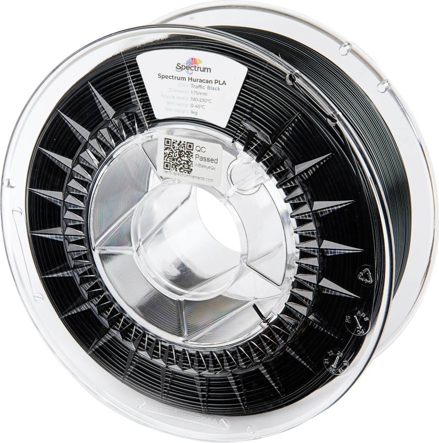 Un rouleau de filament noir pour imprimante 3D avec une étiquette du fabricant "Spectrum" au centre de la bobine.