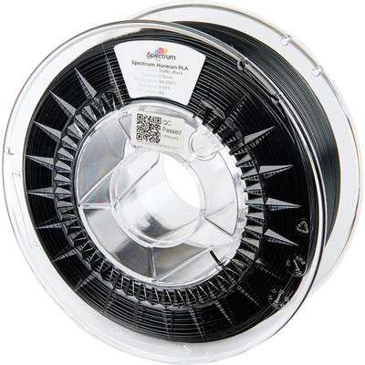 Un rouleau de filament noir pour imprimante 3D avec une étiquette du fabricant "Spectrum" au centre de la bobine.