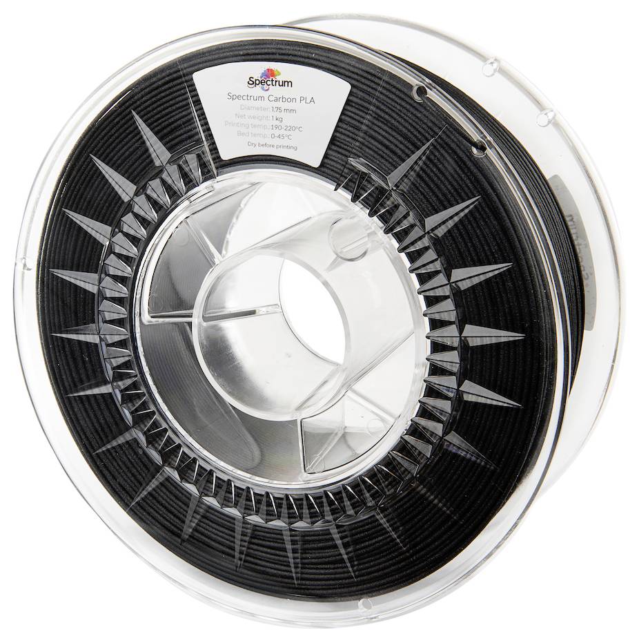 Une bobine de filament PLA Spectrum Carbon. L'étiquette indique des détails techniques tels que le type de matériau, le diamètre et les plages de température.