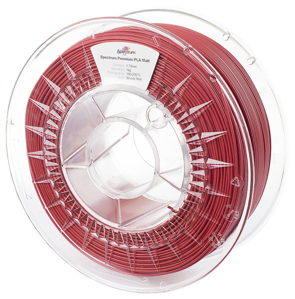 Bobine de plastique contenant du filament d'imprimante 3D rouge, étiquetée 'Spectrum Premium PLA Matte'.