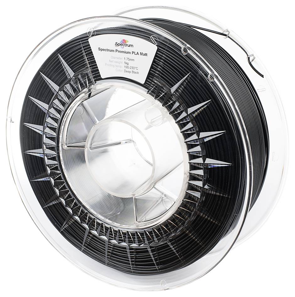 Une bobine transparente en plastique contient un filament noir pour imprimante 3D, 'Spectrum Premium PLA Mat', diamètre : 1,75 mm.