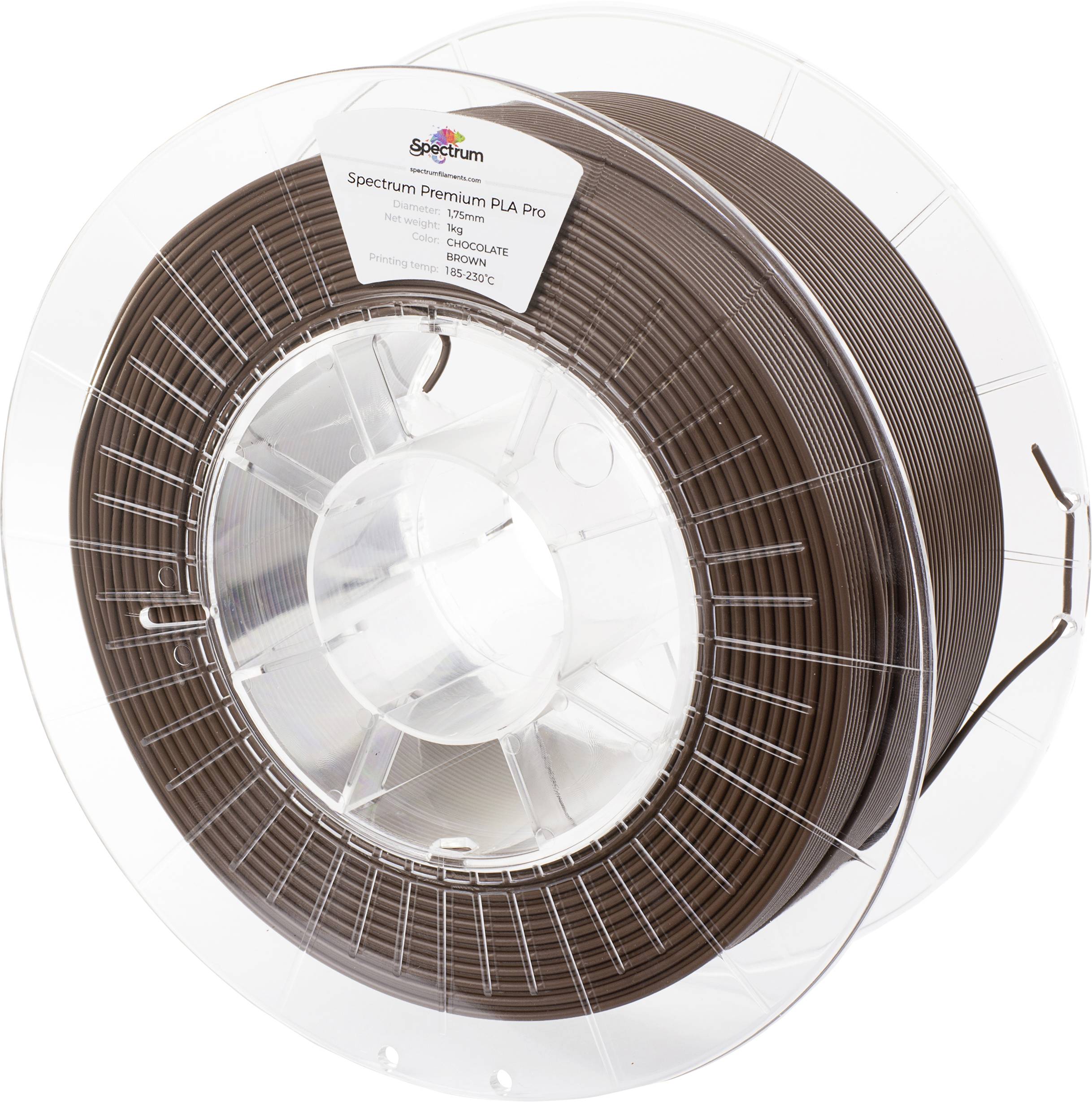 Une bobine de filament PLA Pro brun pour imprimante 3D, marque Spectrum, couleur Chocolate, plage de température : 185-225°C.