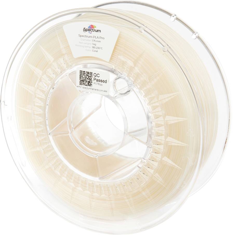 Bobine translucide de filament d'imprimante 3D dans un ton corail clair, étiquetée avec des spécifications de produit et un code QR.