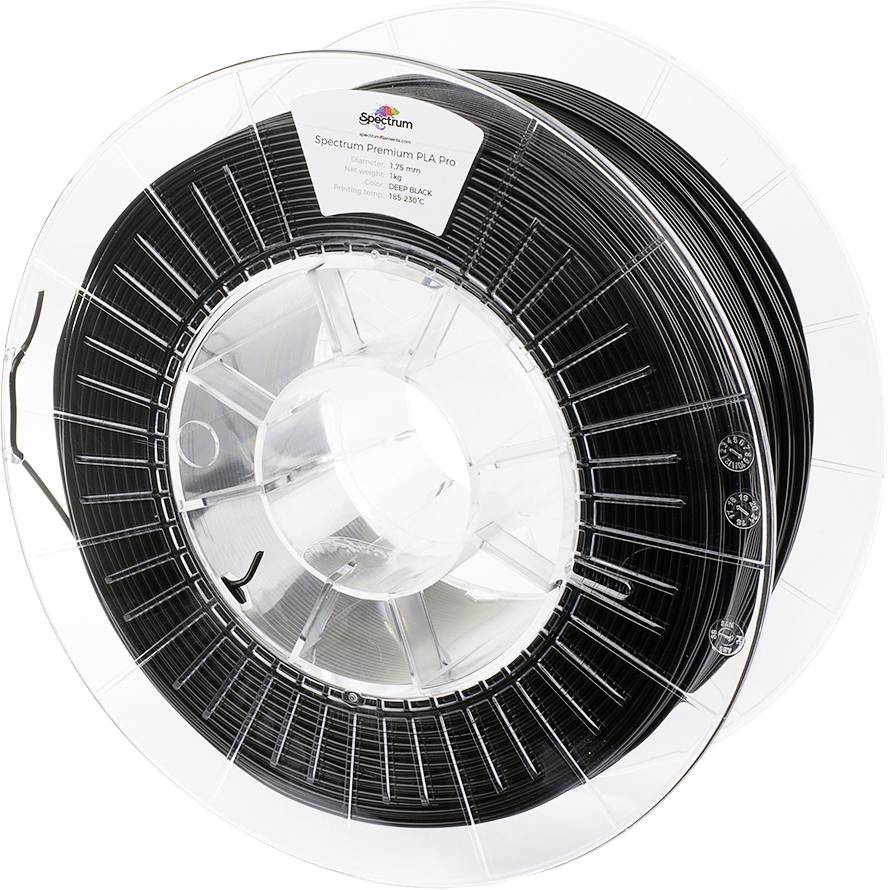 Une bobine de filament PLA noir pour imprimante 3D, sur un support en plastique transparent, avec une étiquette 'Spectrum Premium PLA Pro'.