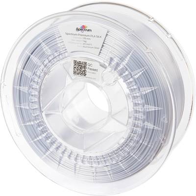 Un rouleau de filament PLA argenté métallisé pour imprimante 3D, étiqueté 'Spectrum Premium PLA SILK', 1 kg, 1,75 mm.